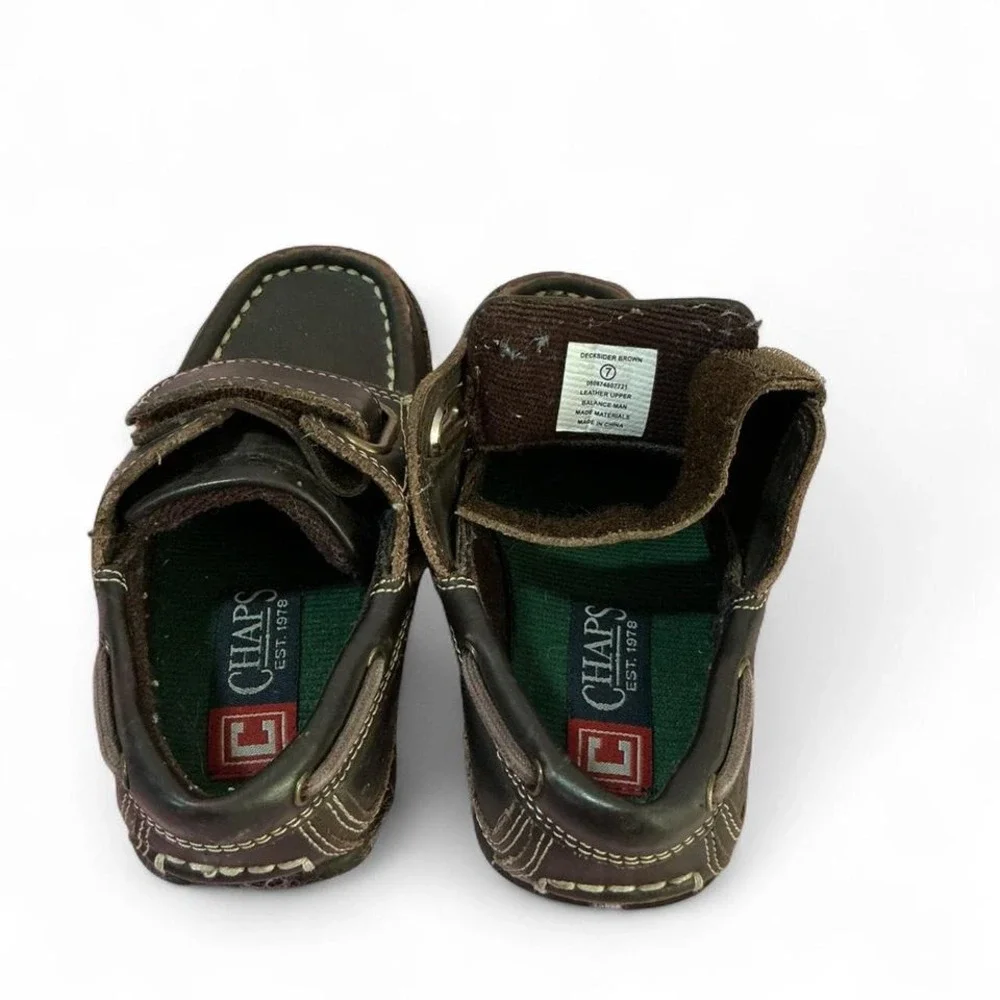 Chaps Boys Brown Faux Leather Boat Shoes Hook‎ and Loop Size 7 Preowned